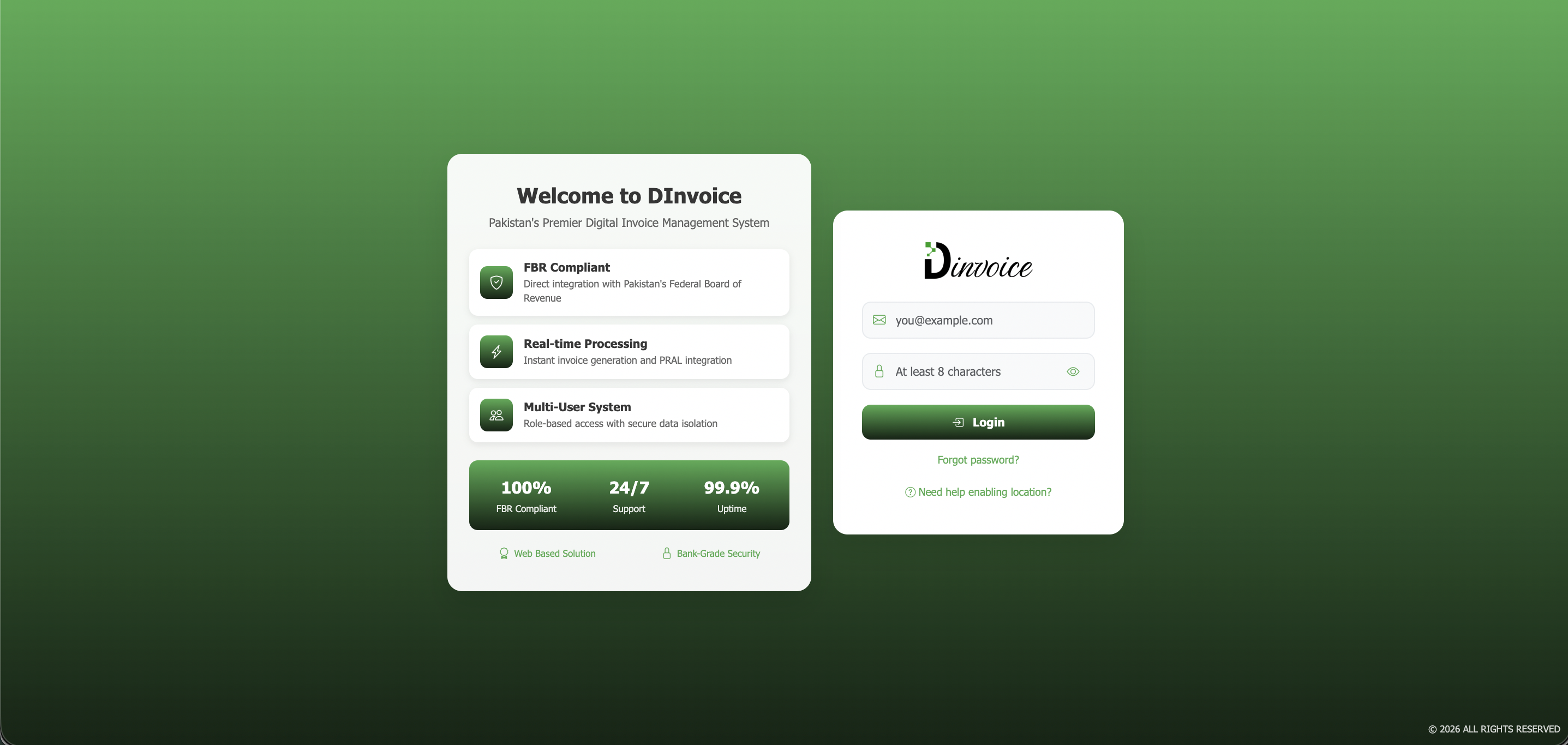 Dinvoice — digital invoicing workspace with validation and FBR status.