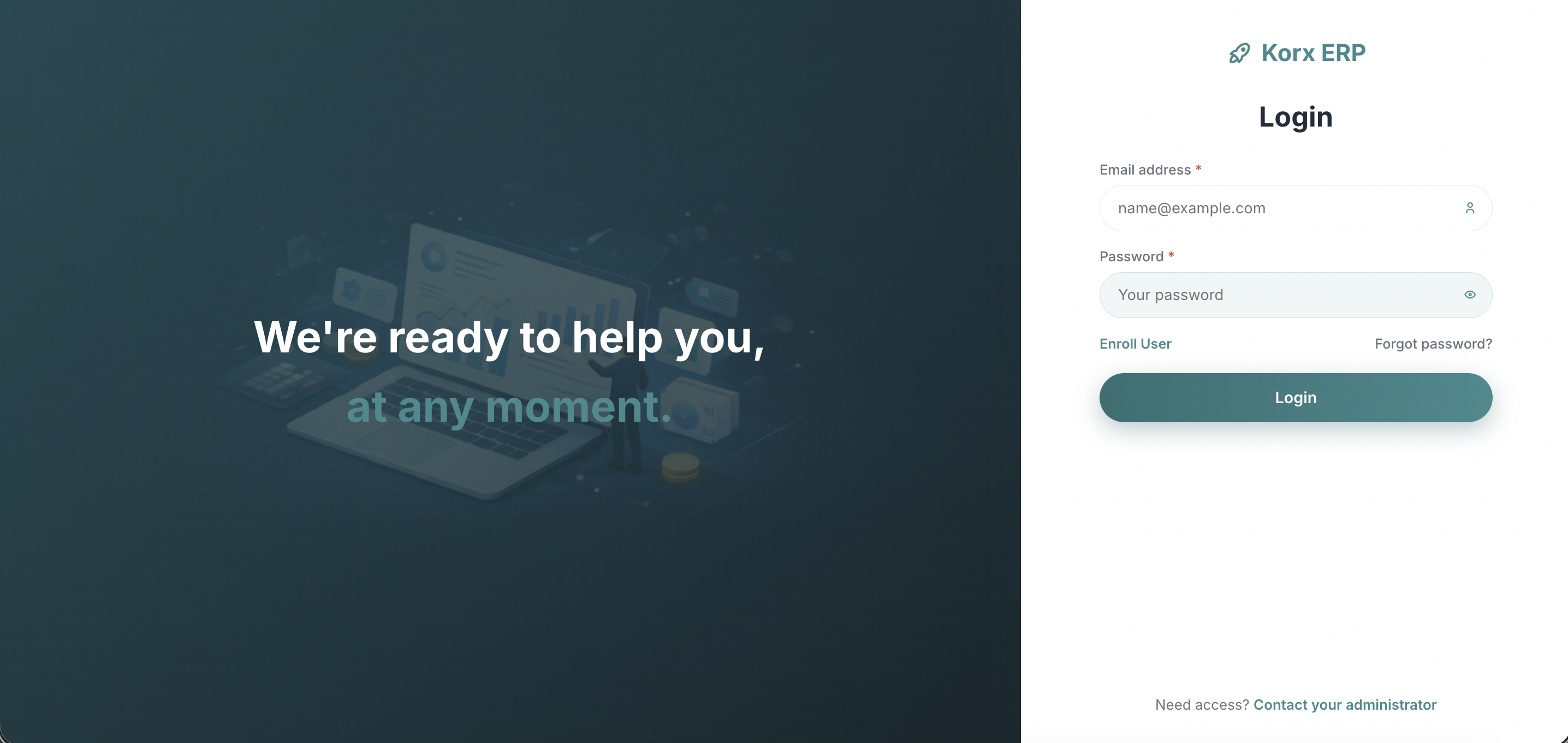 Korx ERP dashboard — finance, operations, CRM, and portals in one view.